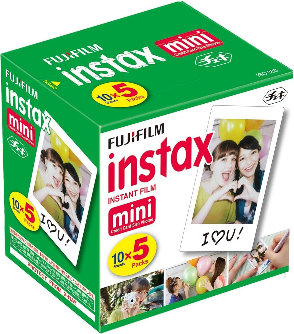 Fujifilm Instax Mini front packaging showing five 10-sheet packs, convenient supply