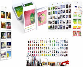 Fujifilm hanging album open displaying ten Instax mini photos