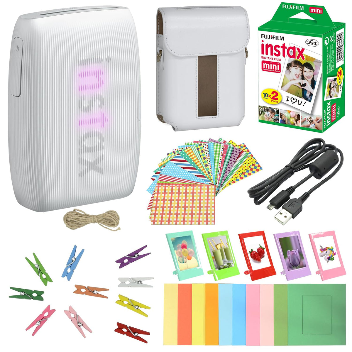 Fujifilm Instax Mini Link 3 Clay White printer with vibrant LEDs for quick on-the-go prints.
