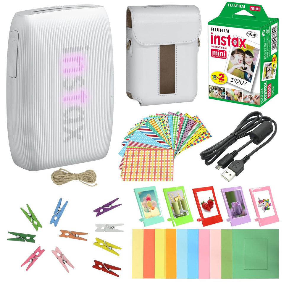 Fujifilm Instax Mini Link 3 Clay White printer with vibrant LEDs for quick on-the-go prints.