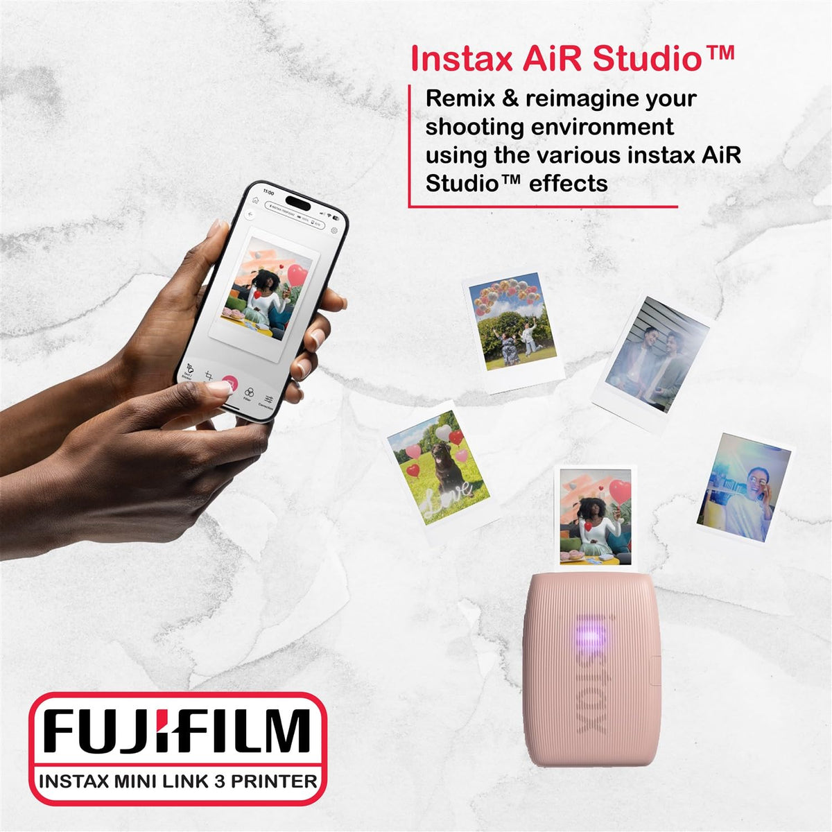 Fujifilm Instax Mini Link 3 prints from a smartphone via Bluetooth.
