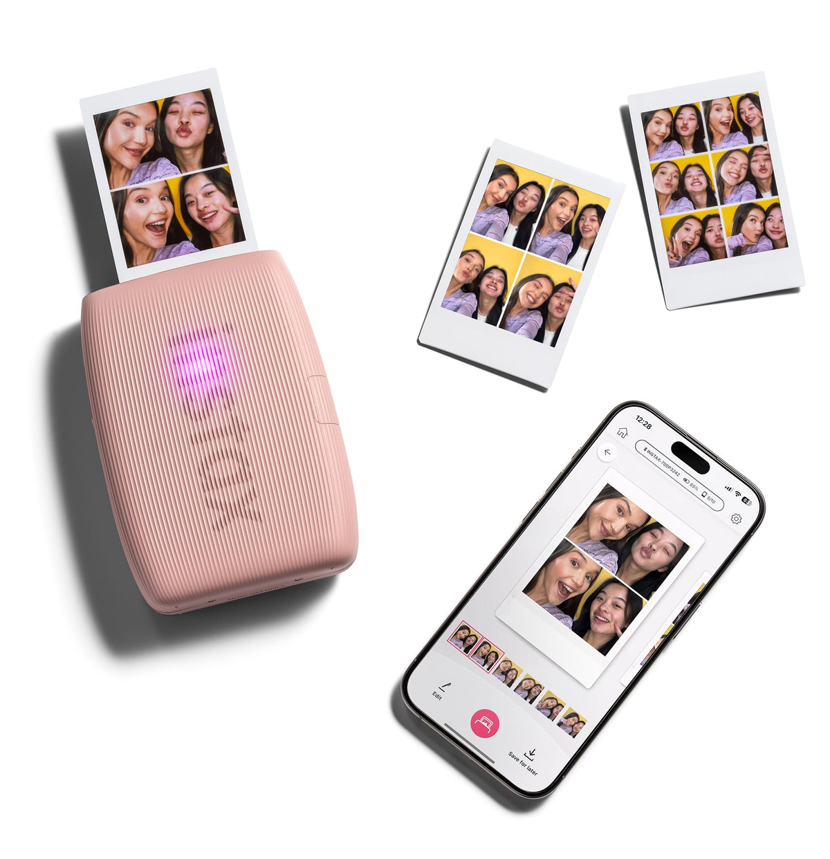 Fujifilm Instax Mini Link 3 Rose Pink close-up color, vibrant film output aesthetic.