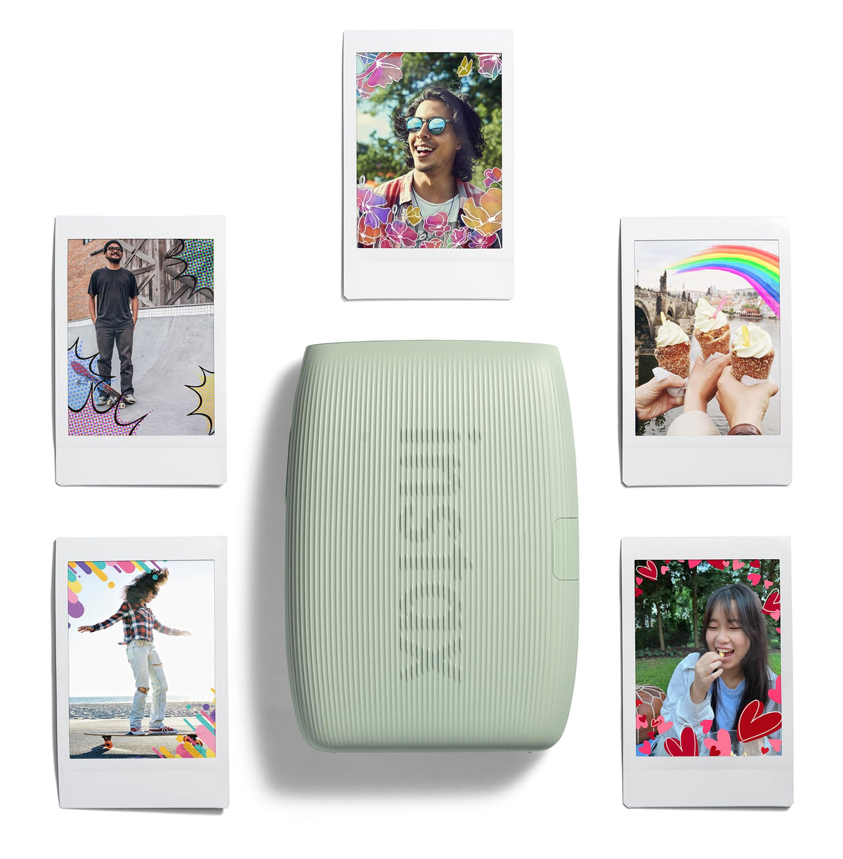 Fujifilm Instax Mini Link 3 sage green in lifestyle scene showing quick photo gifting