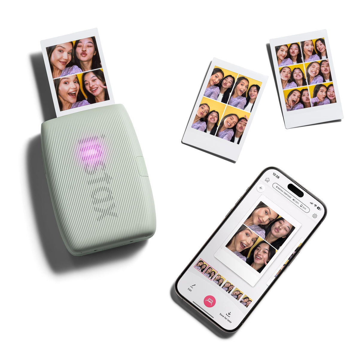 Fujifilm Instax Mini Link 3 sage green printing action with instant print emerging