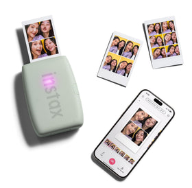 Fujifilm Instax Mini Link 3 sage green printing action with instant print emerging