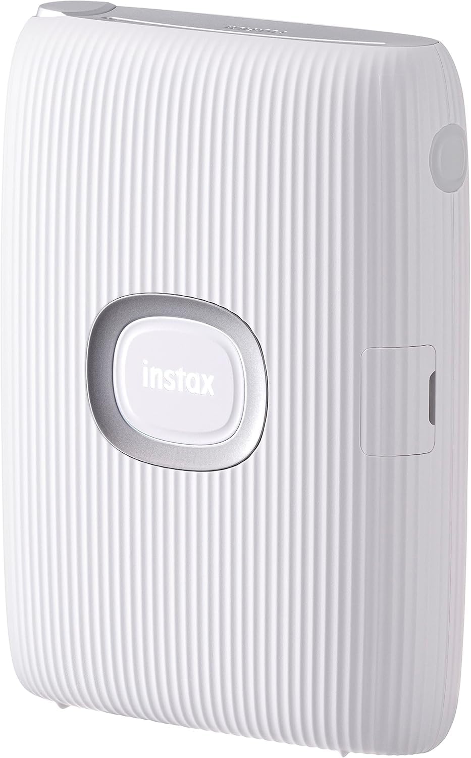 Fujifilm Instax Mini Link ash white side view, portable quick-print companion.