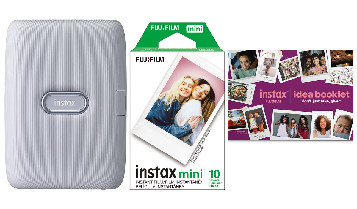Fujifilm Instax Mini Link white printer bundle for smartphones, enabling quick prints and fun collage options.