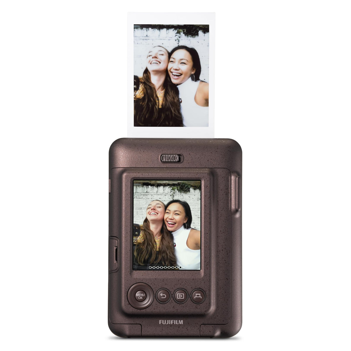 Fujifilm INSTAX Mini Liplay Deep Bronze, back view, intuitive controls for quick shots.