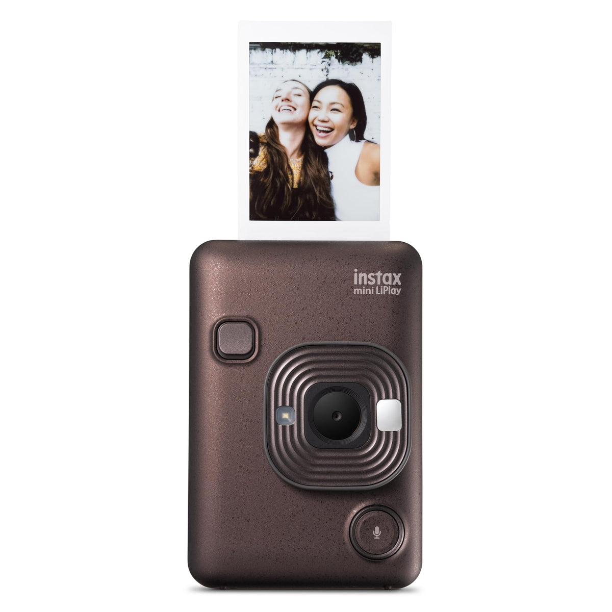 Fujifilm INSTAX Mini Liplay Deep Bronze, front camera view, stylish on-the-go printing.