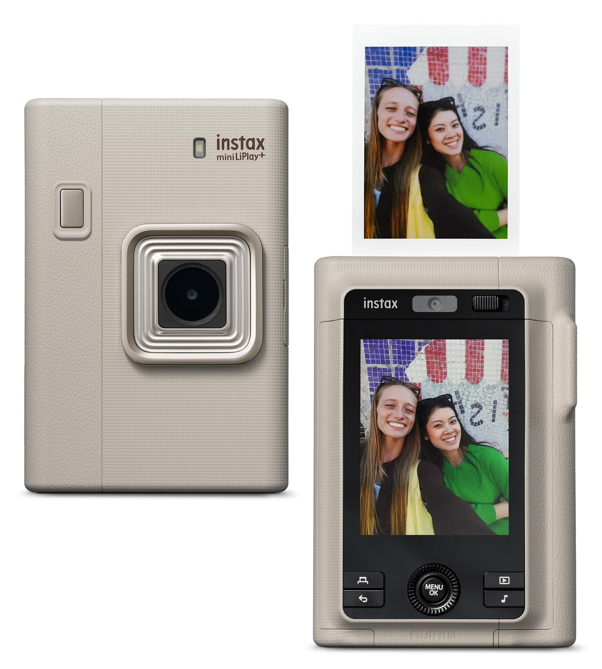 Fujifilm Instax mini LiPlay+ Sand Beige front view with textured finish for portable instant photography.
