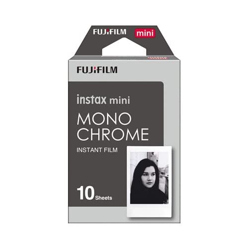 Camera loaded with Fujifilm Instax Mini Monochrome Film ready for instant previews.