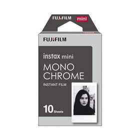 Camera loaded with Fujifilm Instax Mini Monochrome Film ready for instant previews.