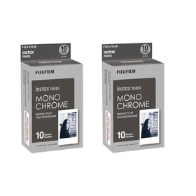 Fujifilm Instax Mini Monochrome front packaging showing two-cartridge box and product benefit instant B&W prints
