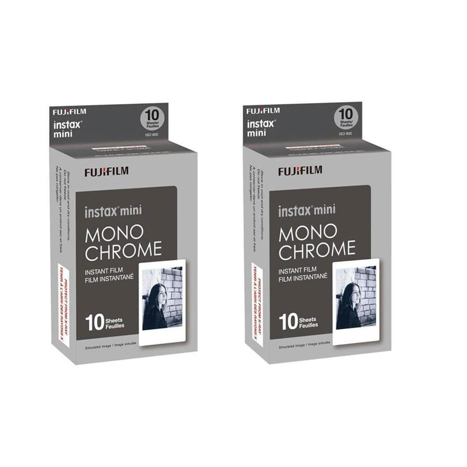 Fujifilm Instax Mini Monochrome front packaging showing two-cartridge box and product benefit instant B&W prints