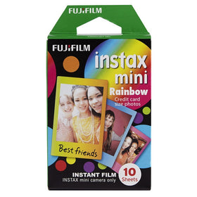Close-up of rainbow frame on Fujifilm Instax Mini print with colorful border