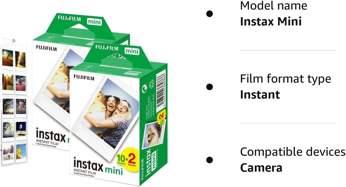 Fujifilm Instax Mini sample prints laid out showing vibrant instant-photo results