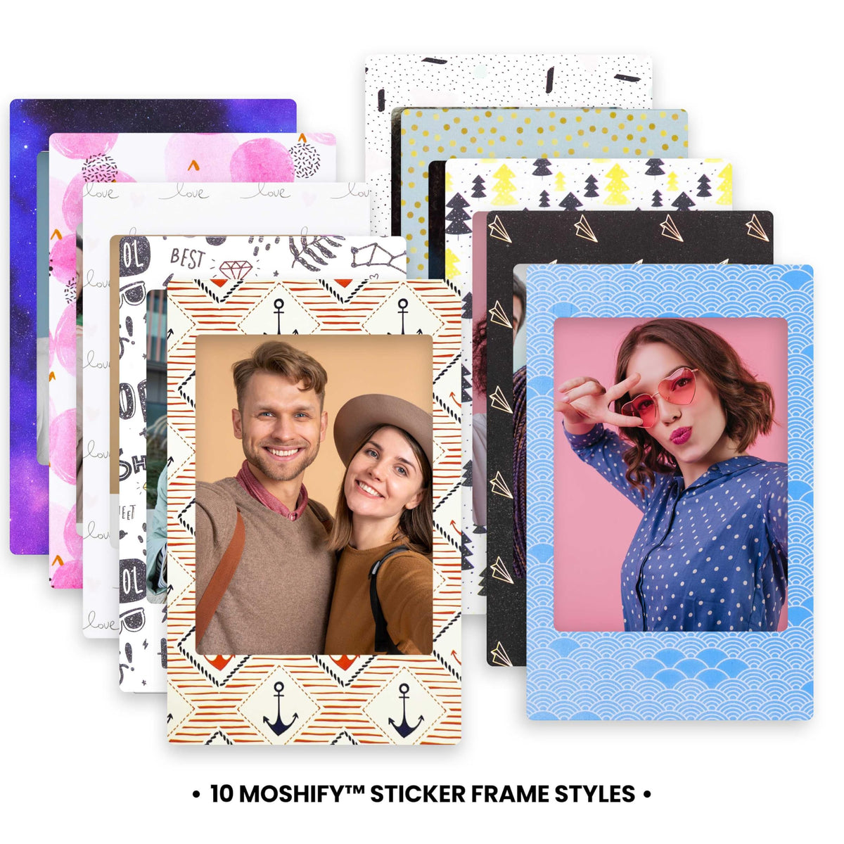 Fujifilm flatlay of 20 colorful Moshify sticker frames ready to decorate prints