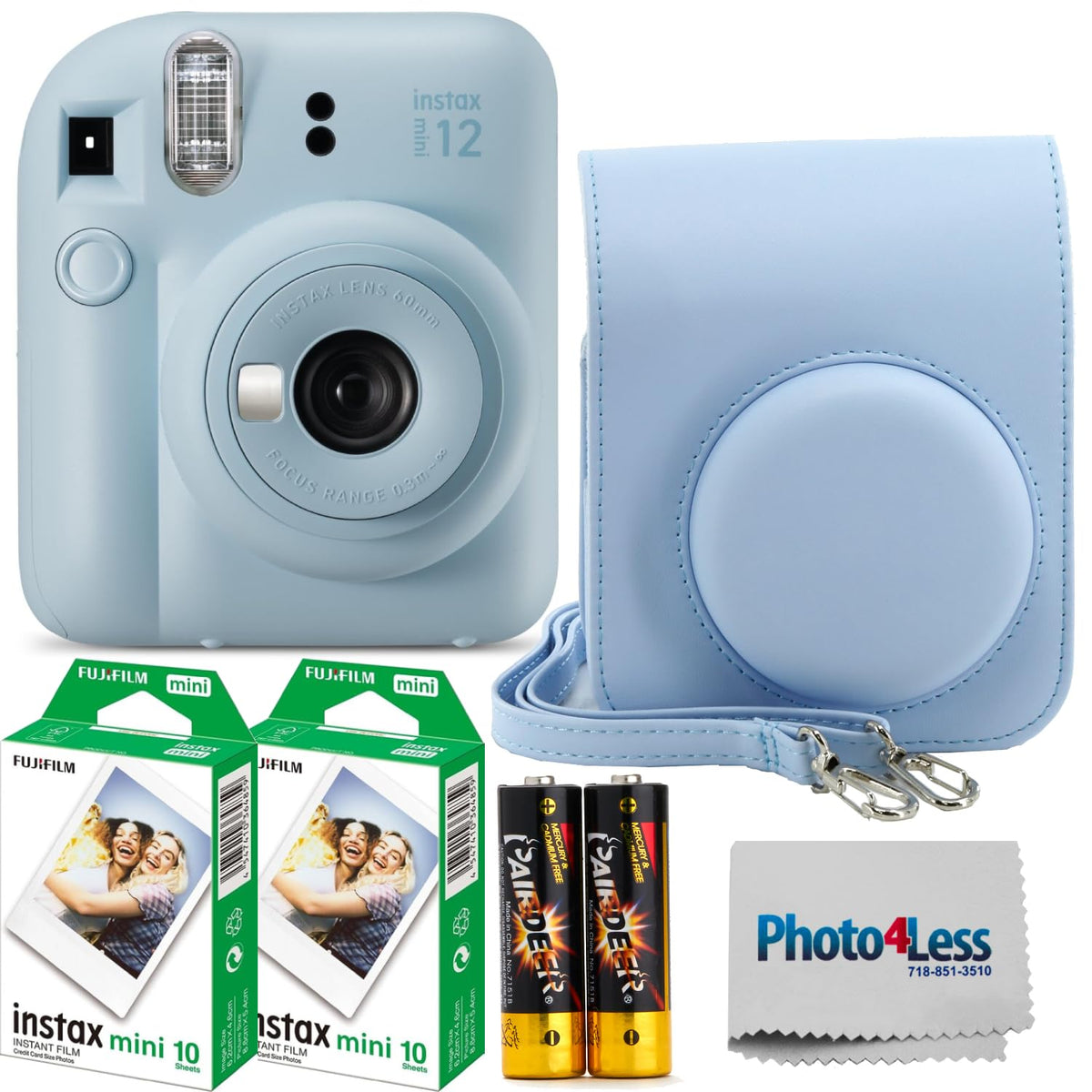 Fujifilm Instax Mini 12 Pastel Blue camera front view for quick, memorable prints.