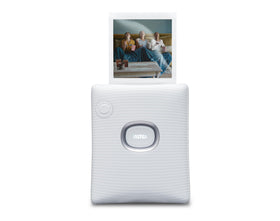 Fujifilm Instax Square Link Ash White front view shows compact, portable instant printing