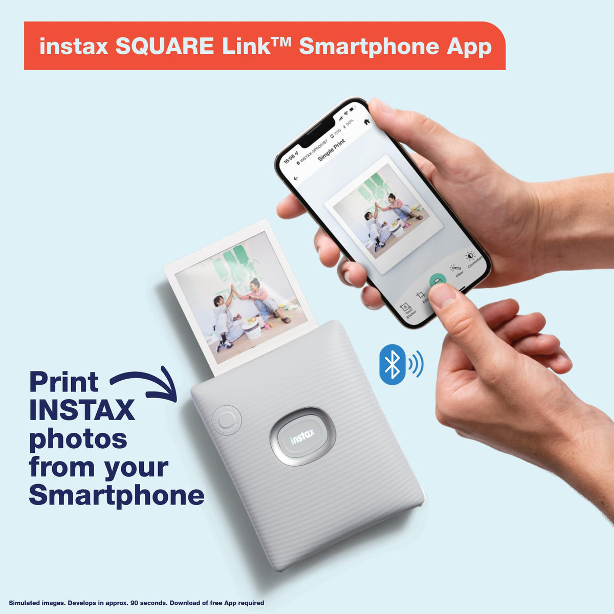 Fujifilm Instax Square Link Midnight Green app-editing screen showing frames and text enhancements