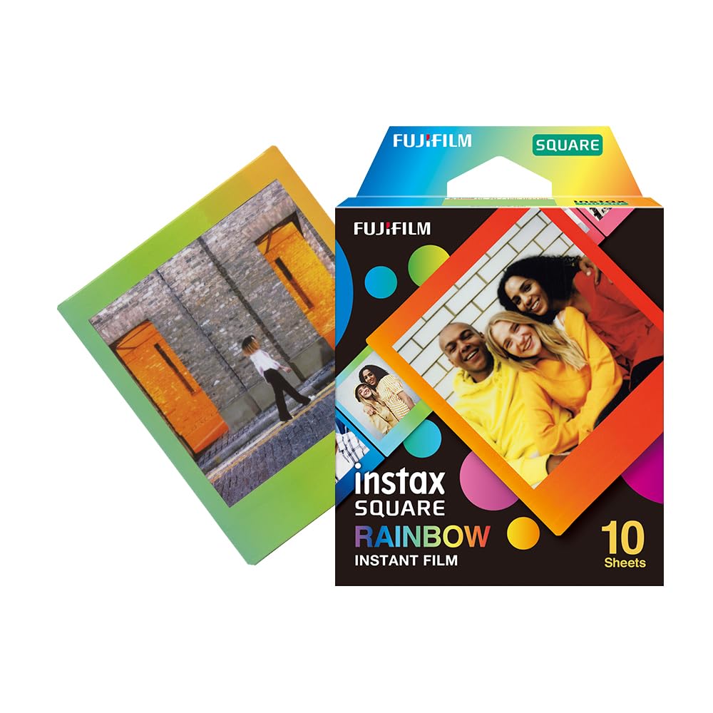 Fujifilm Instax Square Rainbow Film with a vivid rainbow border for vibrant square prints.