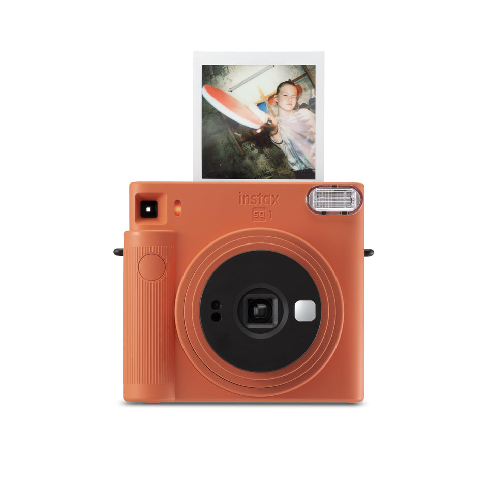 Fujifilm Instax Square SQ1 front view with textured grip for comfortable all-day shooting.