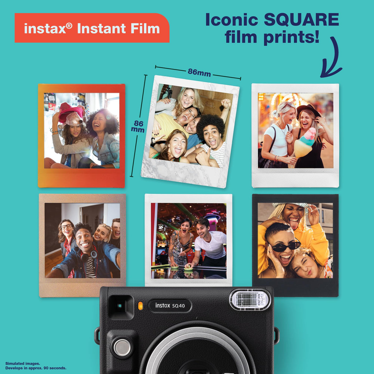 Print sample on INSTAX SQUARE film showing 3.39 x 2.83 inch size.