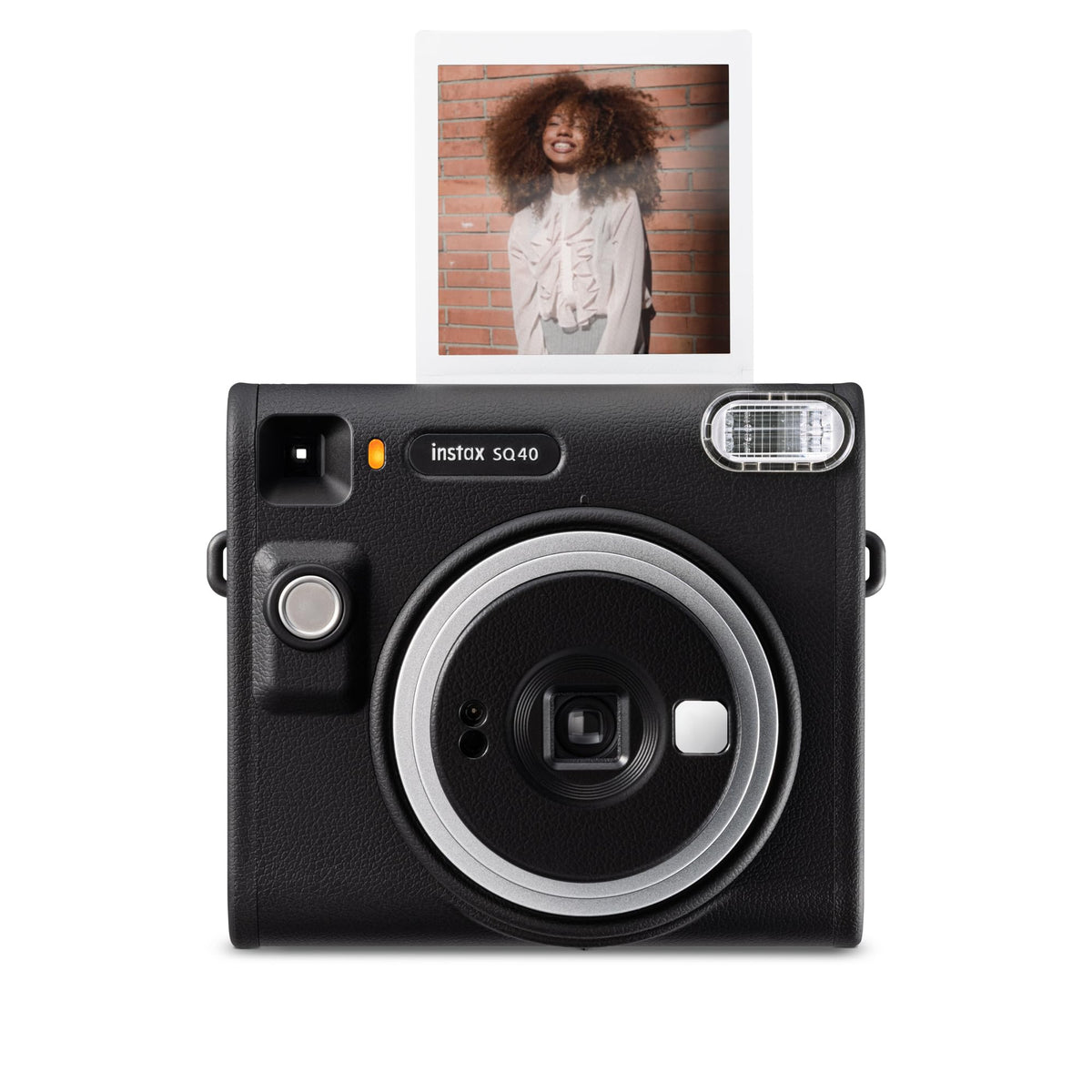 Fujifilm Instax Square SQ40 front view with a sleek black textured finish for stylish printing.