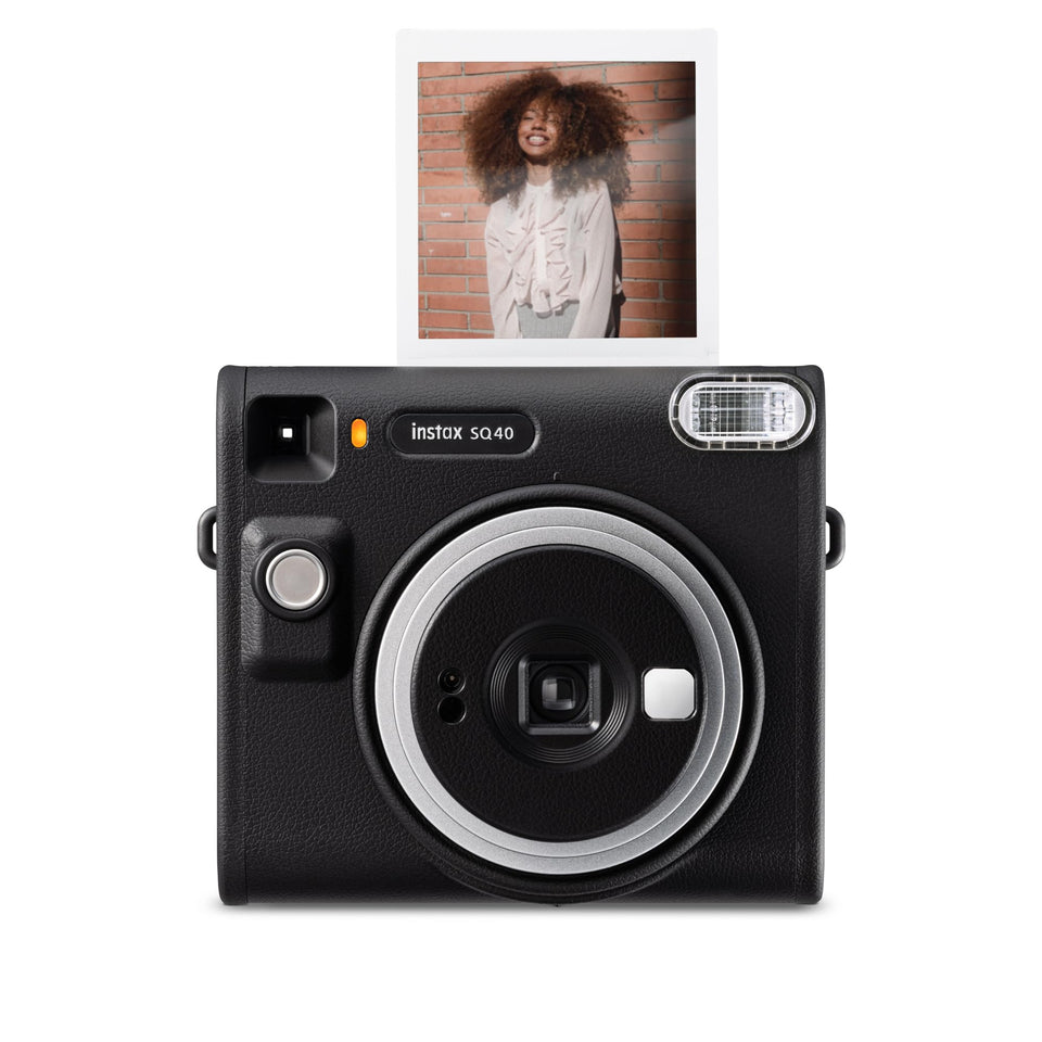 Fujifilm Instax Square SQ40 front view with a sleek black textured finish for stylish printing.