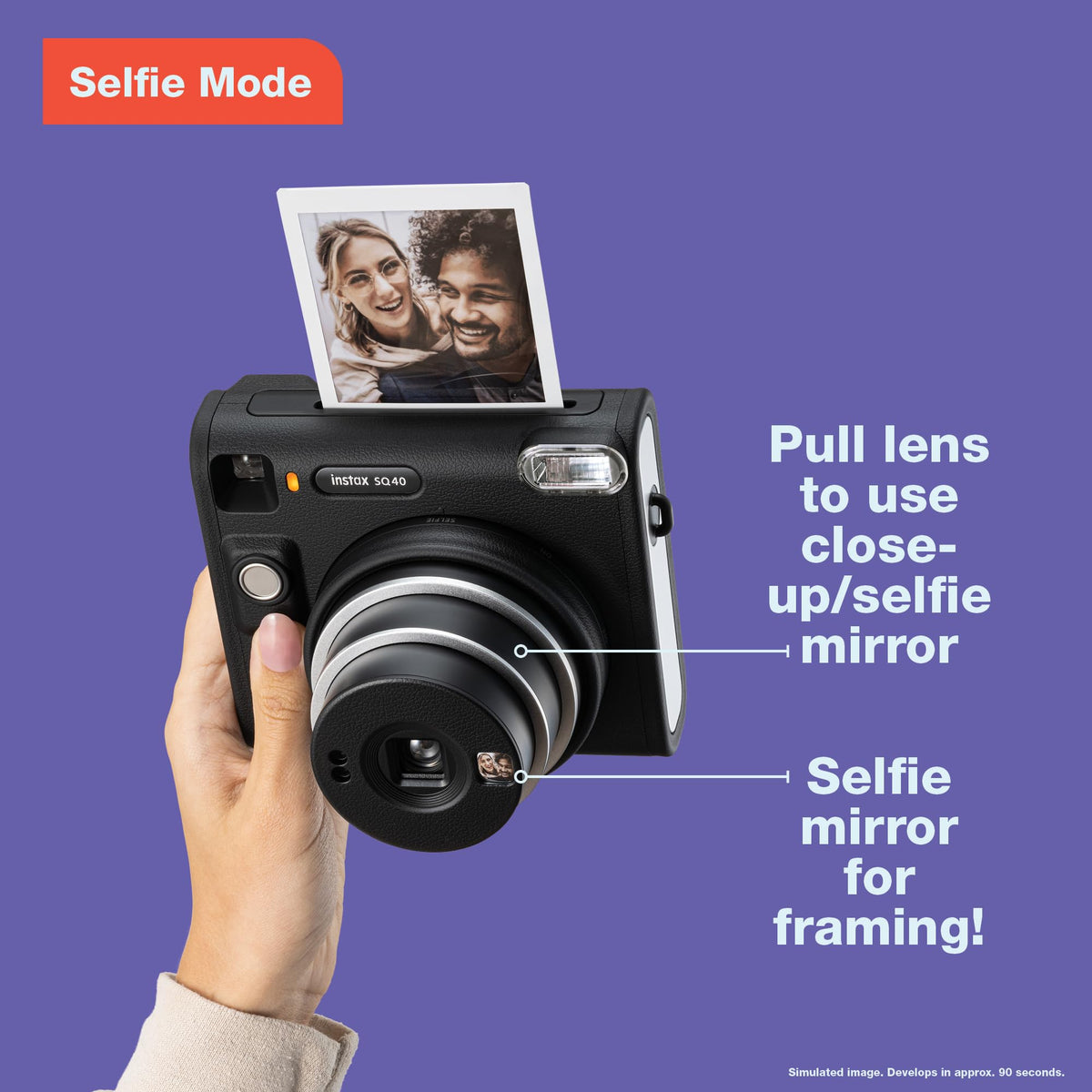 Built-in selfie lens on the SQ40 for easy one-touch selfies.