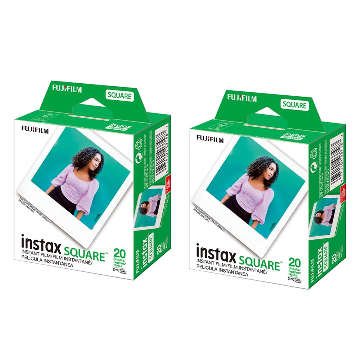 Fujifilm instax square twin pack front packaging showing product details and benefit
