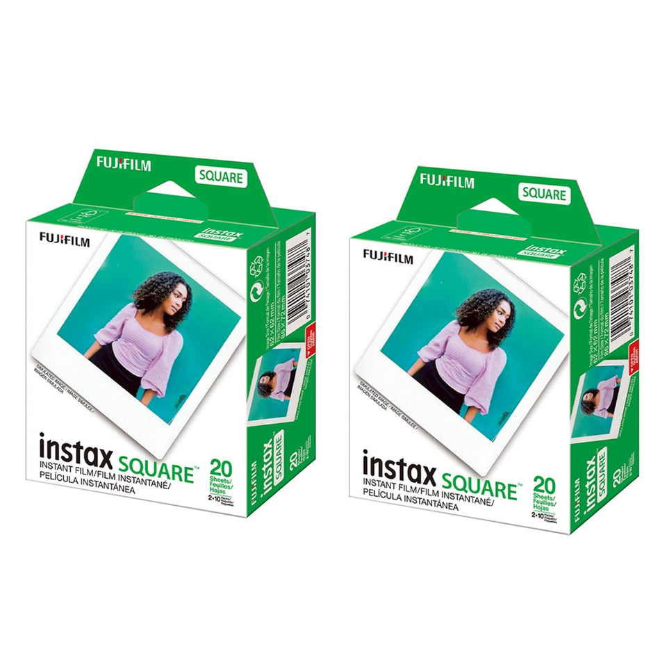 Fujifilm instax square twin pack front packaging showing product details and benefit
