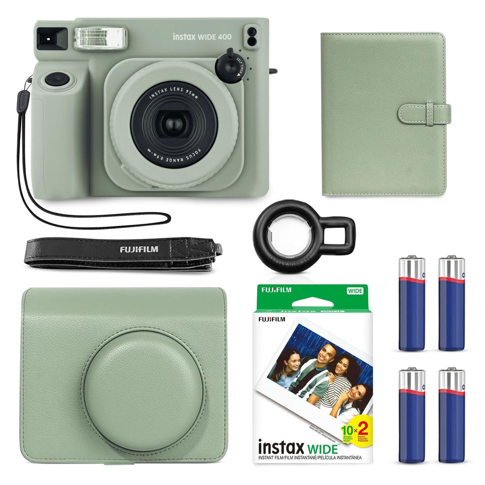 Fujifilm Instax Wide 400 camera in sage green for vibrant, shareable instant photos.