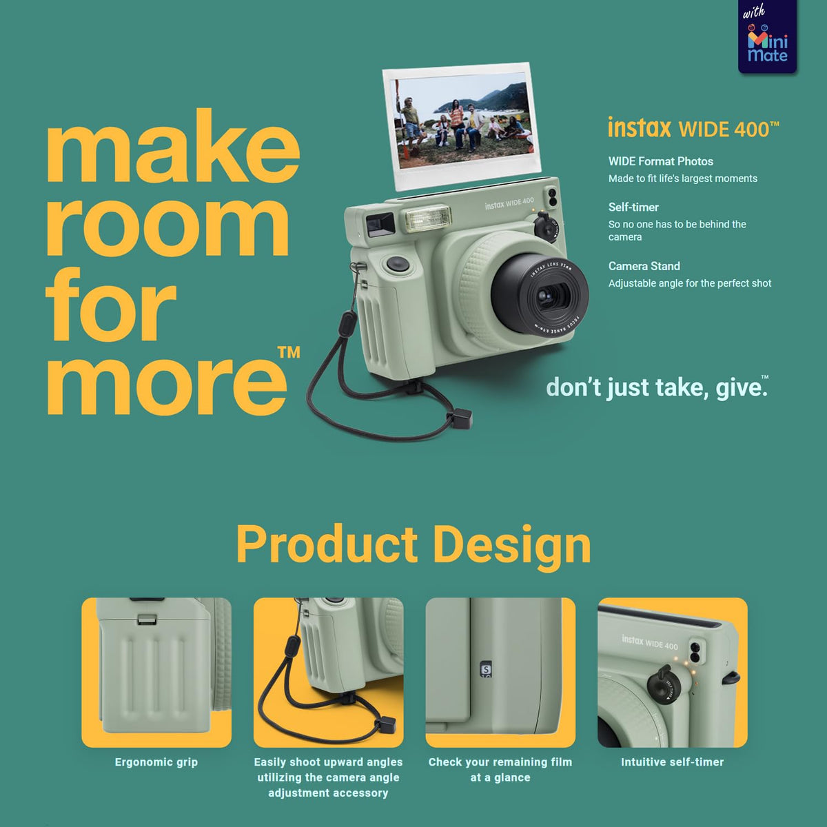 Fujifilm Instax Wide 400 green side angle showing adjustable shooting.