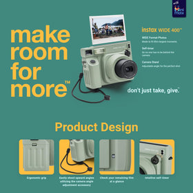 Fujifilm Instax Wide 400 green side angle showing adjustable shooting.