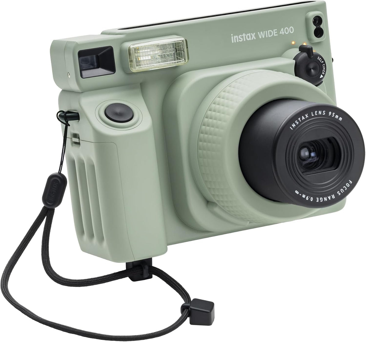 Fujifilm INSTAX Wide 400 Sage Green side view with strap for travel-friendly shots.