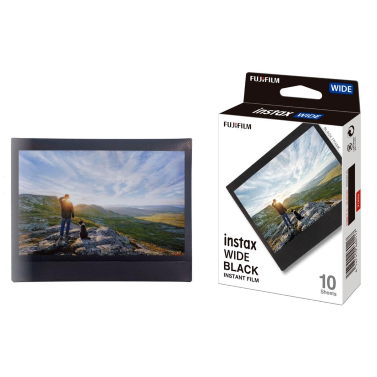 FUJIFILM Instax Wide Black Film demonstrates compatibility with Instax Wide cameras for larger photos.