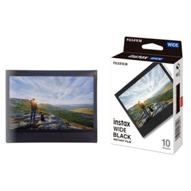 FUJIFILM Instax Wide Black Film demonstrates compatibility with Instax Wide cameras for larger photos.