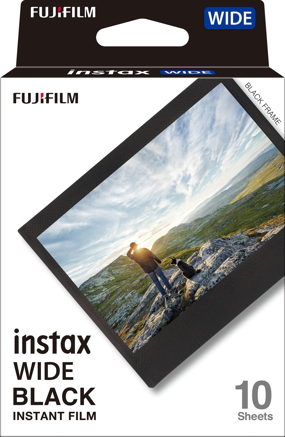 FUJIFILM Instax Wide Black Film pack front view showing the iconic dark border.