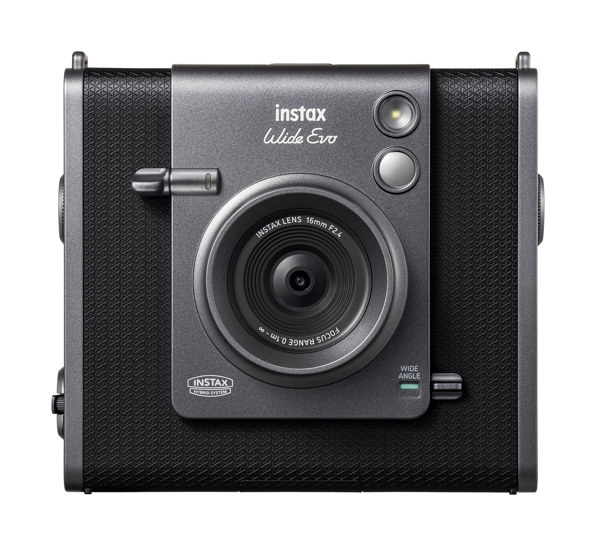 Fujifilm Instax Wide Evo front view shows premium design and tactile dials for creative shooting.