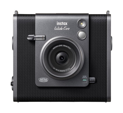 Fujifilm Instax Wide Evo front view shows premium design and tactile dials for creative shooting.