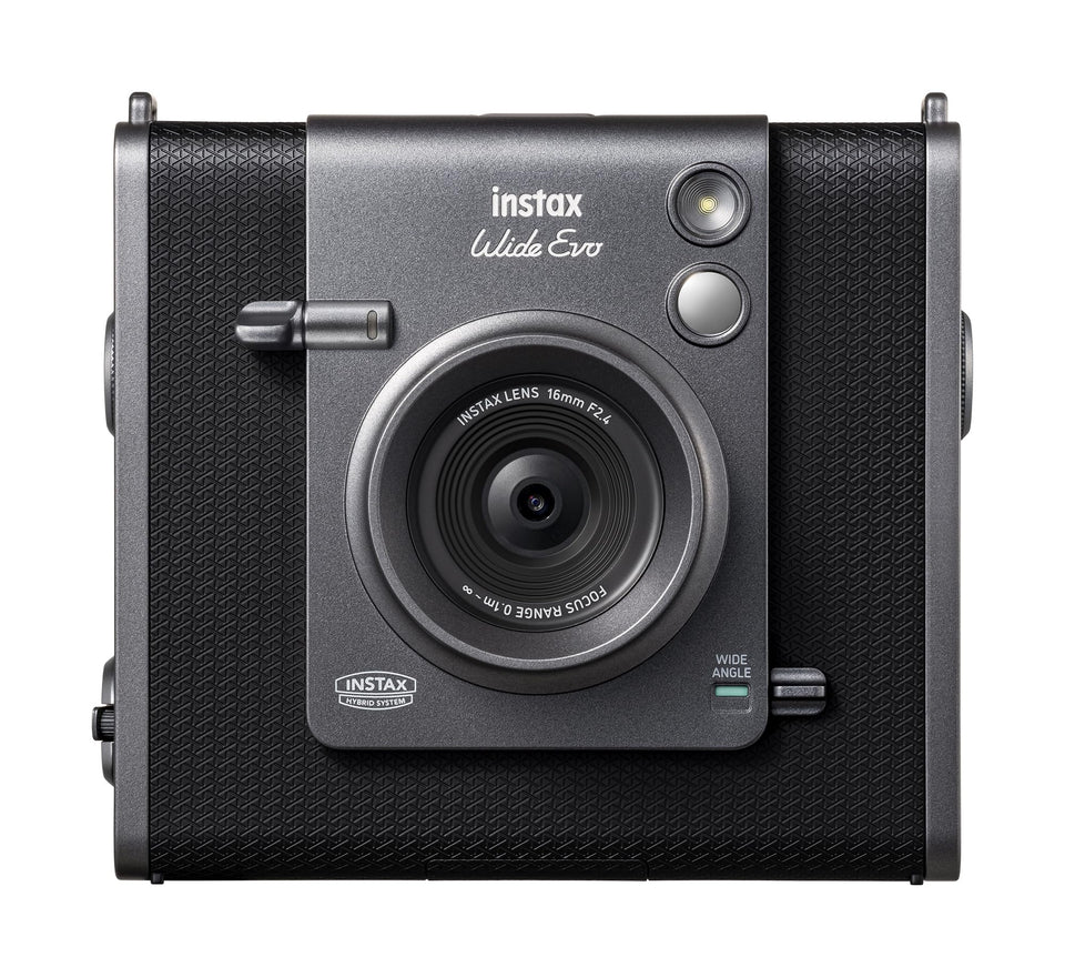 Fujifilm Instax Wide Evo front view shows premium design and tactile dials for creative shooting.