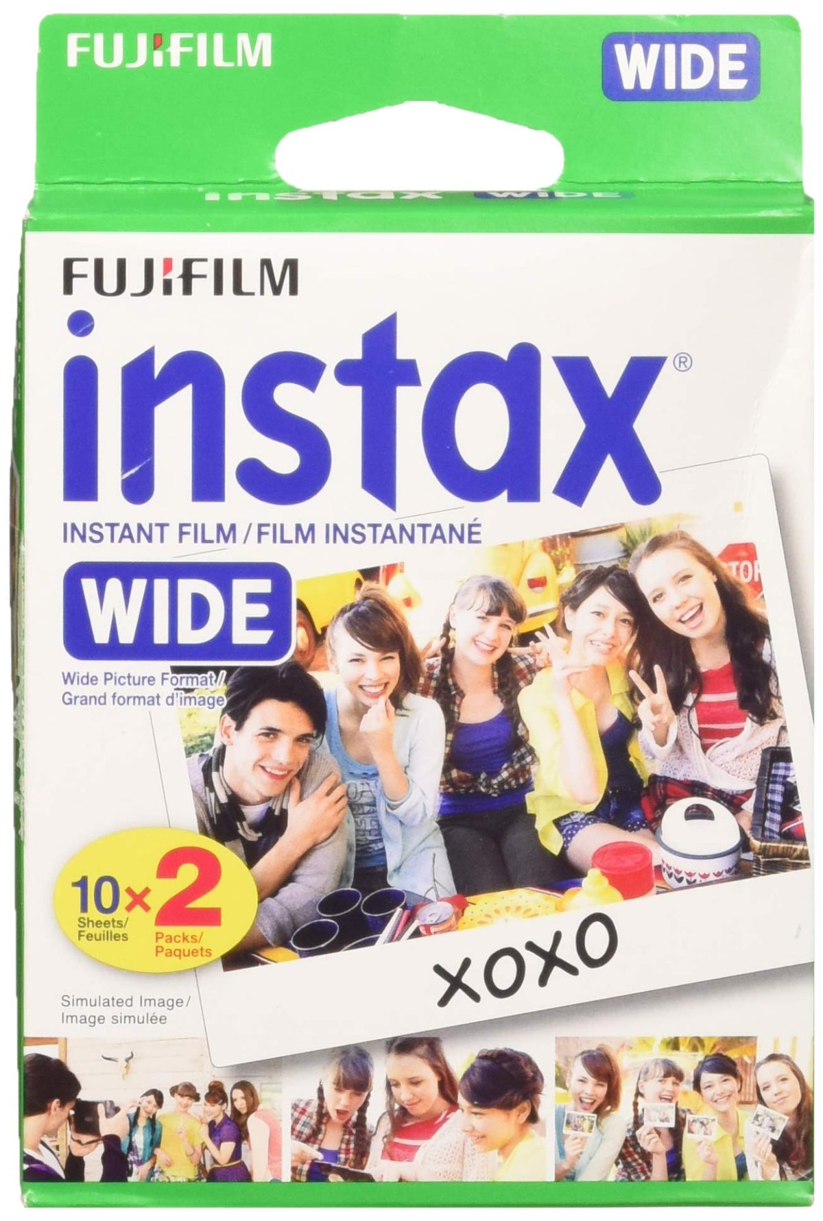 Fujifilm Instax wide front packaging showing four sealed 10-exposure packs and clear labeling for convenience