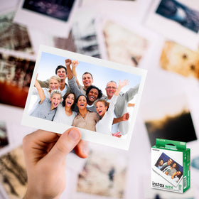 Fujifilm instax Wide cartridge and label detail demonstrating easy loading
