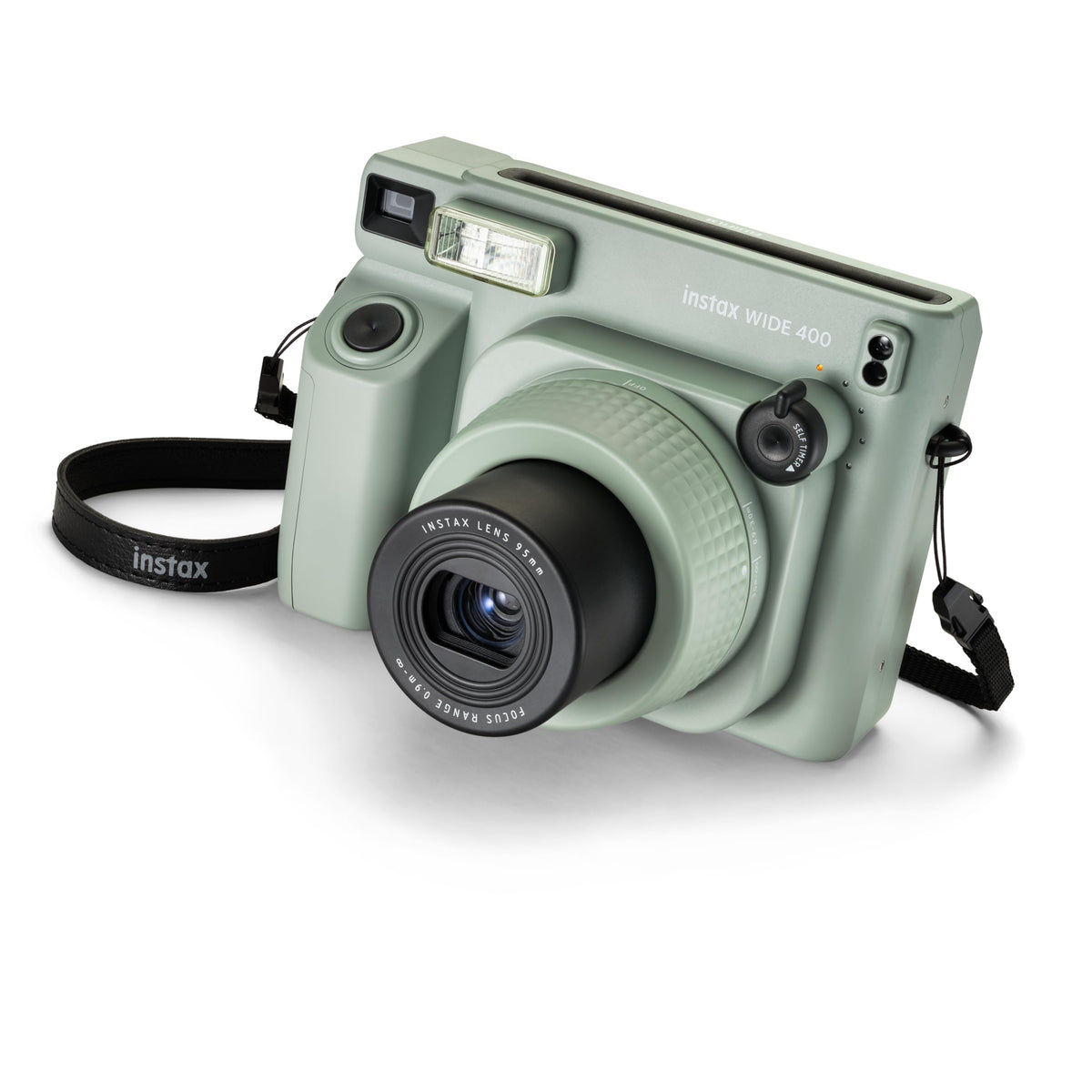Fujifilm Instax Wide 400 Sage Green side view highlighting portable design.