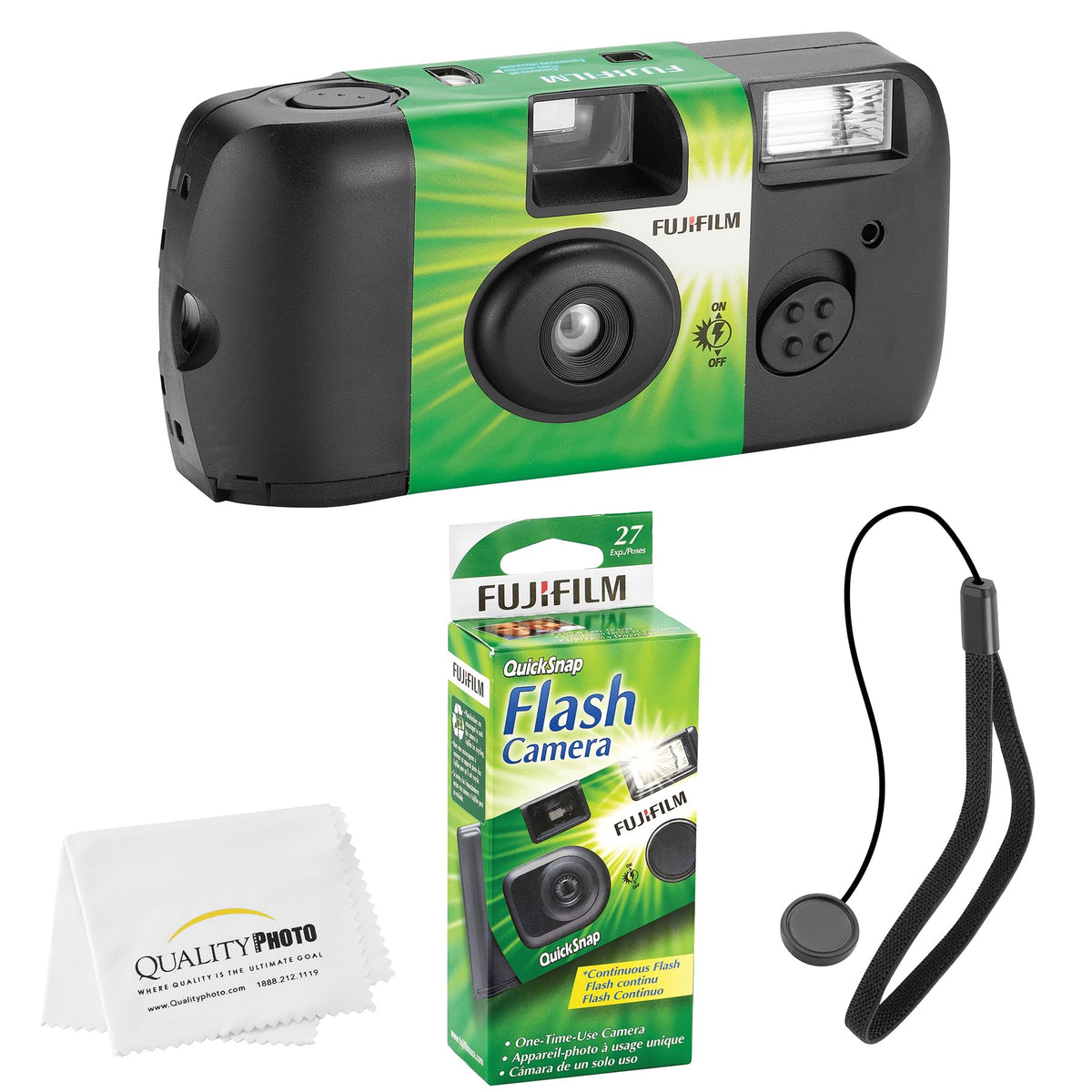 Fujifilm QuickSnap Flash front packaging showing ready-to-shoot camera benefit convenience