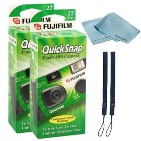 fujifilm QuickSnap front packaging showing two cameras and included accessories, reliable travel camera