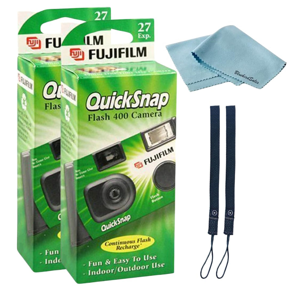 fujifilm QuickSnap front packaging showing two cameras and included accessories, reliable travel camera