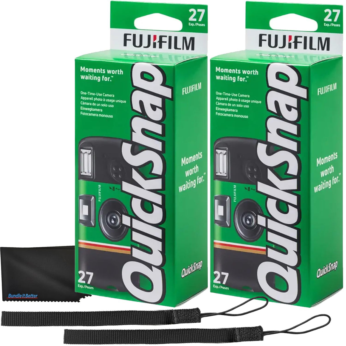 Fujifilm QuickSnap front packaging showing compact camera, convenience benefit