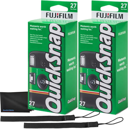 Fujifilm QuickSnap front packaging showing compact camera, convenience benefit